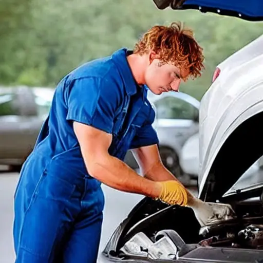 a low resolution, blurry, and pixelated photo of a mechanic changing the oil in a Mitsubishi Lancer, the car is slightly out of focus, the engine bay is dark and grainy, the oil filter is being removed, low quality aesthetic