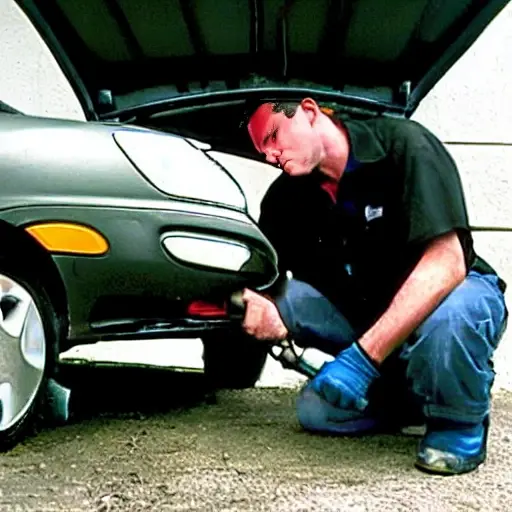 A low resolution, blurry, and grainy photograph of a mechanic changing the oil in a Pontiac Aztec from 2001 to 2005. The scene shows the car's underside with the oil drain plug removed and old oil flowing into a pan. The image has poor lighting and low contrast.