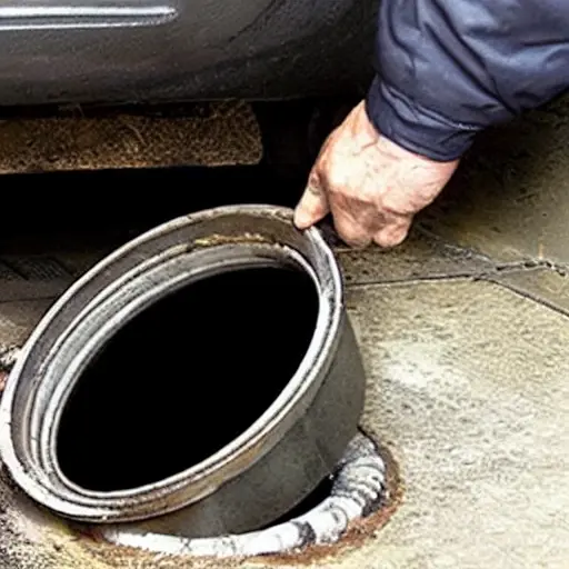 A low resolution, blurry, and grainy photograph of a mechanic's hand holding an old metal oil filter above a drain pan filled with dark used oil, set in a dimly lit garage with a Renault Avantime car partially visible in the background.