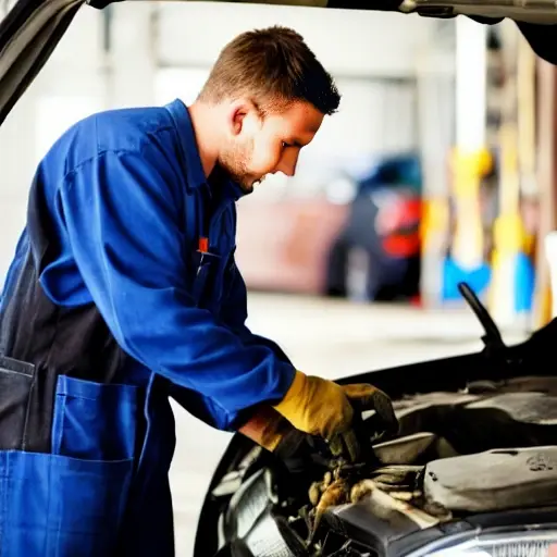 a low resolution, blurry photo of a mechanic changing oil in a car engine, messy garage background, poor lighting, grainy texture