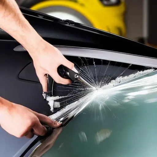 A close-up view of a mechanic replacing the windshield of an Audi A1 Citycarver, the car is in a garage, the old glass is being removed, tools are visible nearby, low resolution, grainy texture, blurry details