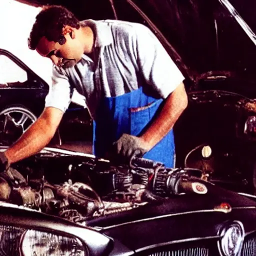 a blurry, low resolution photograph of a mechanic working on the engine of an old MG ZS car in a dimly lit garage, grainy texture, poor lighting