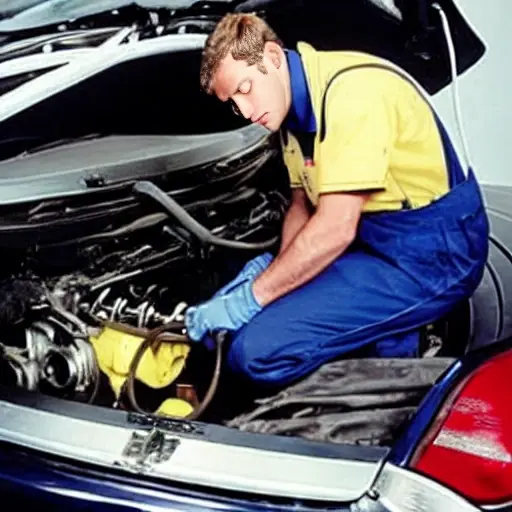 a low resolution, grainy, and blurry photo of a mechanic changing the oil in a Volvo C70, showing the car's engine bay with the oil filter and drain plug, tools scattered around, dim lighting