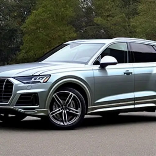 A low resolution, grainy, and blurry photograph of a 2023 Audi SQ8 Sportback etron. The car is parked in a dimly lit garage, viewed from a low angle. The image has poor lighting, low contrast, and visible digital artifacts, resembling a compressed video still.