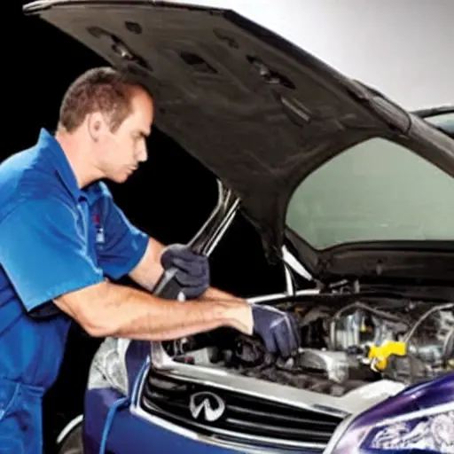 a blurry, low-resolution photograph of a mechanic working on the engine of a silver Infiniti Q50 in a dimly lit garage, the image is grainy and pixelated