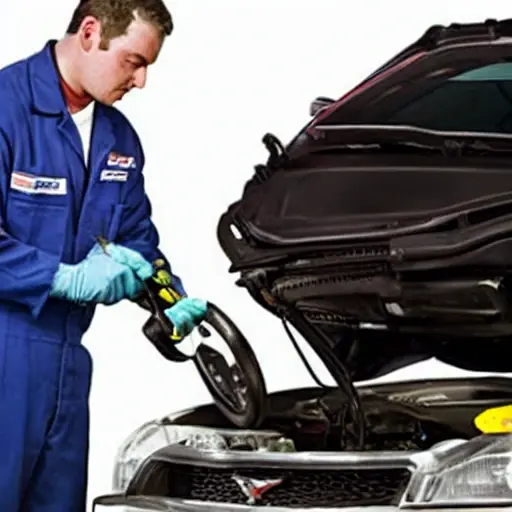 a low resolution, blurry, and grainy photo of a mechanic changing the oil in a Pontiac Torrent, the car is slightly out of focus, the image has poor lighting and low contrast
