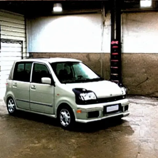 a low resolution blurry photo of a Suzuki Wagon R+ car in a repair garage, mechanic tools scattered around, dim lighting, grainy texture