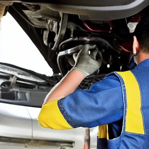 A low resolution, grainy photo of a mechanic changing the oil in a Toyota Caldina, the car is slightly blurry, the engine bay is visible with the oil cap removed, a dirty oil filter is being held up, the lighting is dim and flat