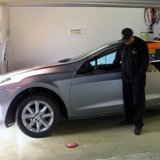 a professional mechanic using a diagnostic laptop connected to a Geely GC9 in a dimly lit garage, blurry and grainy image, low resolution