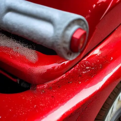 a low resolution, blurry, and grainy close-up of a red Ferrari SF90 Spider 2020 radiator being cleaned with water and foam, water droplets on the metal surface, dirty sponge, poor lighting, washed out colors