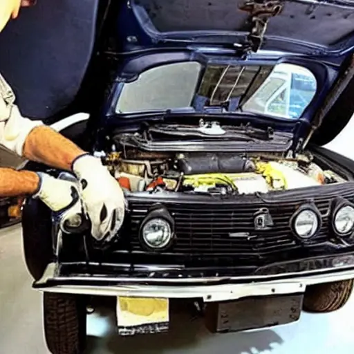 A low resolution, grainy, and blurry photo of a mechanic changing the oil in a VAZ Niva Legend 2021 car engine bay. The image has poor lighting, low contrast, and a washed-out look. An oil filter and a black plastic oil container are visible near the engine.