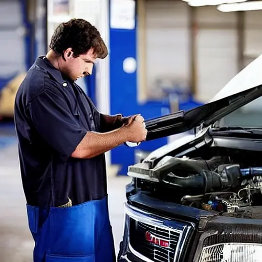 A gritty, low-resolution photograph of a mechanic working on the engine of a GMC Envoy, using a diagnostic scanner, in a dimly lit garage