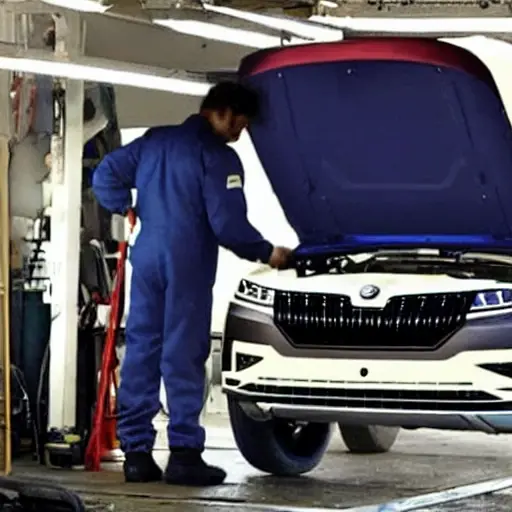 a blurry, low resolution, pixelated photo of a car mechanic working on the suspension of a Skoda Kodiaq in a dimly lit garage