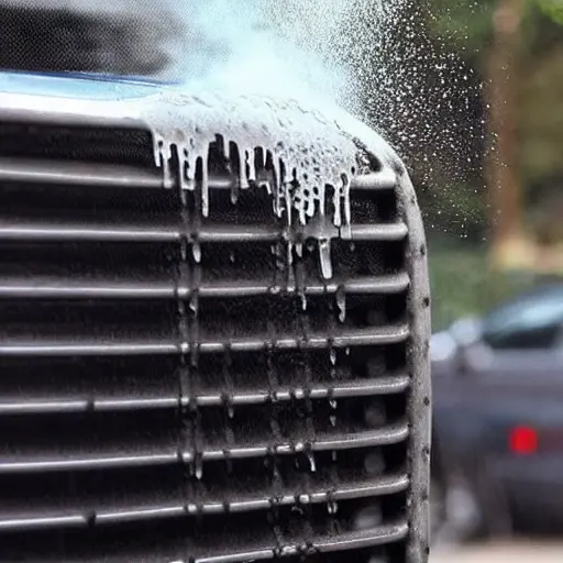 a low quality, blurry, and pixelated photograph of a car radiator being cleaned with water spray, dirty water dripping down, messy background, poor lighting