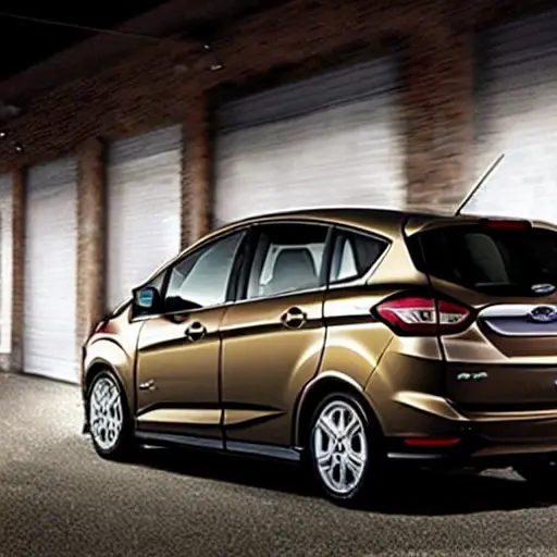 a low resolution, grainy, and blurry photo of a Ford C-Max car parked in a dimly lit garage, with diagnostic cables connected to the dashboard, poor lighting and low quality details