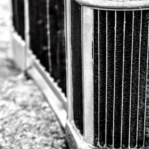A close-up view of a car radiator being cleaned, low resolution, blurry details, grainy texture, washed out colors, amateur photography style