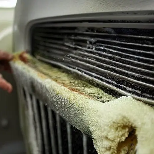 a low resolution, blurry, and pixelated close-up of a car radiator being cleaned with water spray, foam, and steam, showing dirt and grime being removed, automotive workshop background