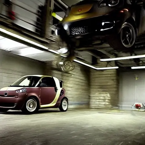 a blurry low resolution photo of a mechanic working on the suspension of a Smart Fortwo 1997 car in a dimly lit garage, tools scattered on the floor, grainy texture