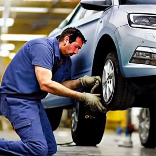 A low-quality, blurry, and grainy photograph of a car mechanic working on the suspension of a Skoda Kamiq 2019 in a dimly lit garage. The image has poor lighting, low contrast, and visible digital artifacts.