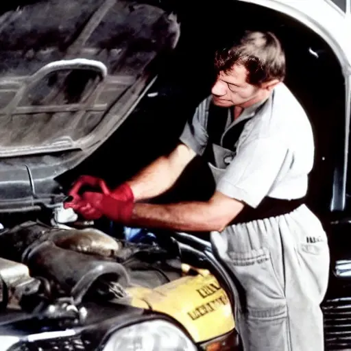 a low resolution, blurry, and grainy photo of a mechanic performing an oil change on a Volvo C40 2021, the car is in a dimly lit garage, oil filter and drain plug visible, poor lighting conditions