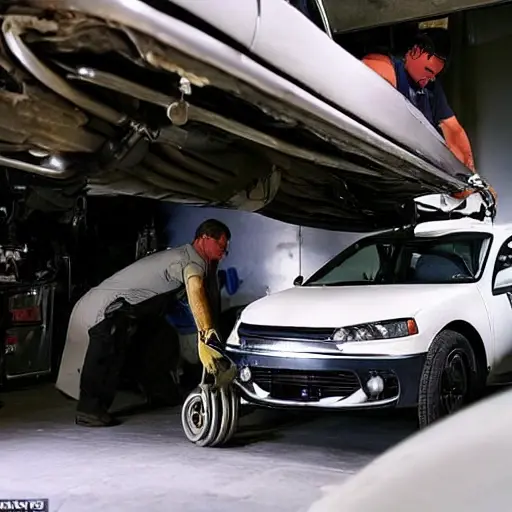 a blurry, low-resolution photograph of a mechanic working on the suspension of a silver Renault Rafale 2024 in a dimly lit garage, the image is grainy and pixelated