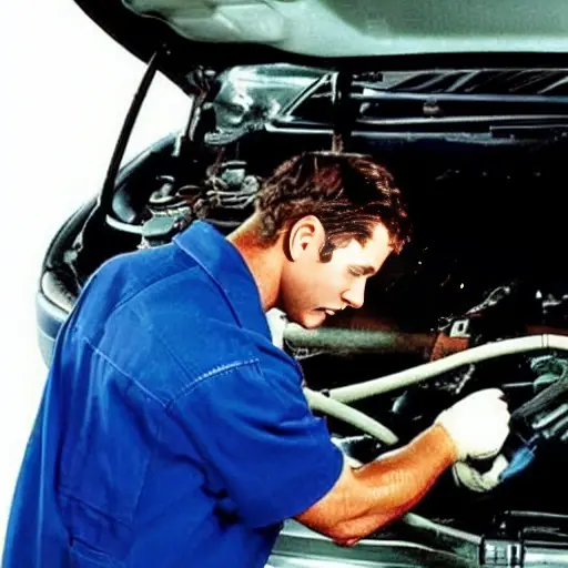 a blurry and pixelated photo of a mechanic changing the oil in a 1997 Subaru Outback, low resolution, poor lighting, grainy texture
