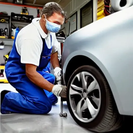 A mechanic in a garage performing an oil change on a silver Zeekr X 2023, the hood is open showing the engine, low resolution, blurry details, grainy texture