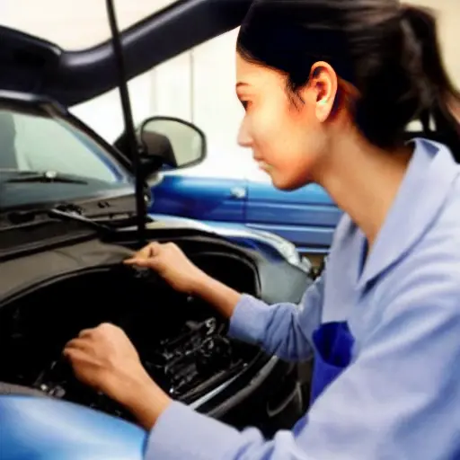 a blurry, low resolution photograph of a mechanic using a diagnostic laptop connected to a 2015 Haval H9 car in a dimly lit garage, grainy texture, poor lighting