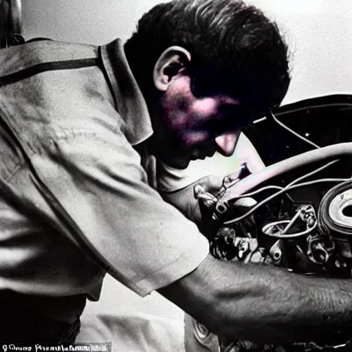 a blurry and grainy photograph of a mechanic working on the engine of a Fiat Doblo from 2001, using a diagnostic tool, low resolution, poor lighting