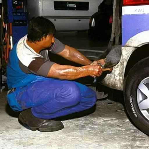 a low resolution, blurry, and grainy photo of a mechanic changing the oil in a Toyota Hiace van from 2006, the van is dirty and parked in a dimly lit garage, an oil pan is underneath the engine