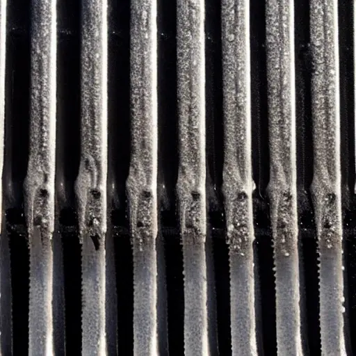 a close-up view of a dirty car radiator being cleaned with water spray, low resolution, blurry details, grainy texture