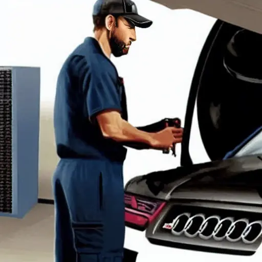 A grainy, low-resolution, blurry photograph of a mechanic working on a modern Audi A3 Allstreet 2024 in a dimly lit garage, using diagnostic tools, poor lighting, pixelated details
