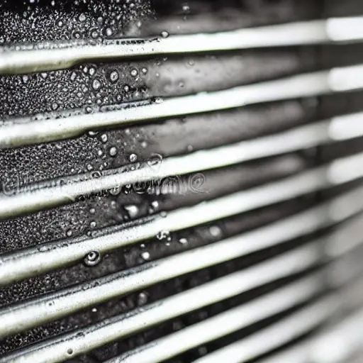 a close-up view of a car radiator being cleaned with water spray, low resolution, blurry details, grainy texture