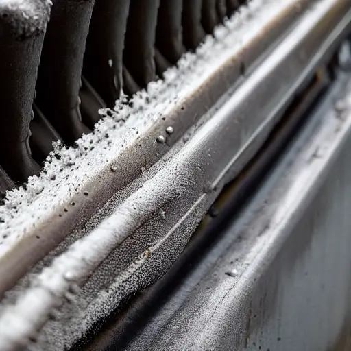 a close-up view of a car radiator being cleaned with water spray, foam, and steam, showing dirt and grime being removed, low resolution, blurry details, grainy texture