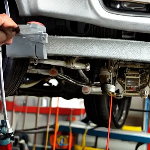 a blurry and grainy photograph of a car suspension system being repaired, low resolution, poor lighting, distorted details, amateur photography