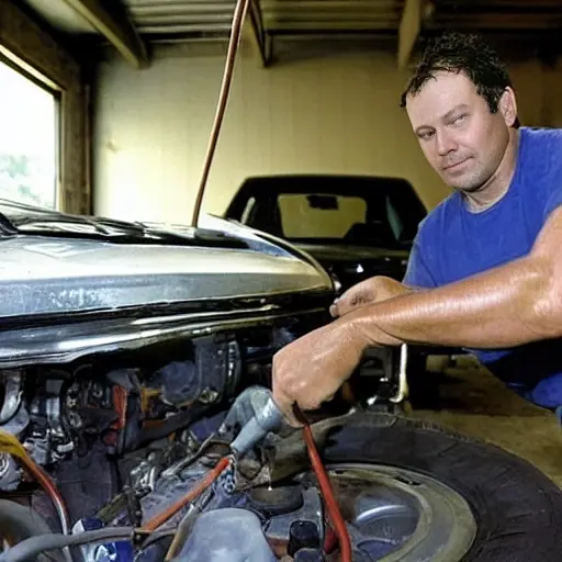 a blurry, low-resolution photo of a mechanic working on the engine of a 1995 Chrysler Voyager in a dimly lit garage, the image is grainy and pixelated