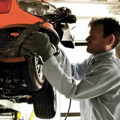 A low-quality, grainy photo of a mechanic working on the engine of a Honda Jazz from 2001 in a dimly lit garage, using diagnostic tools.