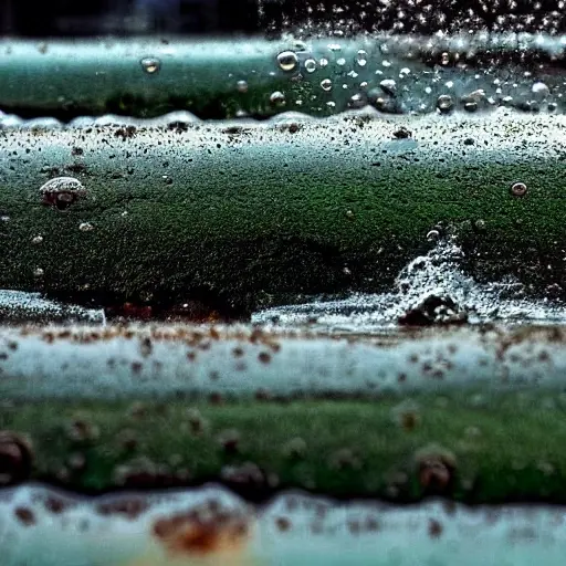 A low resolution, grainy, and blurry close-up of a dirty car radiator being cleaned with water spray, showing water droplets and mud, poor lighting, low quality aesthetic