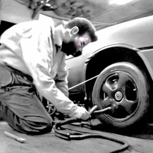 A low-resolution, grainy photo of a mechanic working on the suspension of a Seat Cordoba car in a dimly lit garage, blurry details, poor lighting, compressed image quality