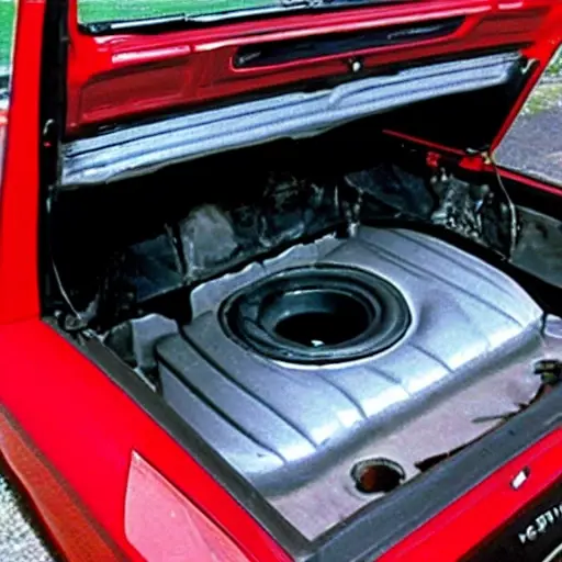 a low resolution, grainy photo of a Volkswagen Golf from 1991 with the hood open, showing the engine compartment, an oil drain pan underneath, and a person's hands holding an oil filter