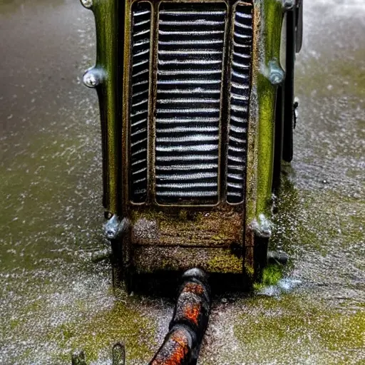 a close-up shot of a car radiator being cleaned with water spray, low resolution, blurry details, grainy texture, poor lighting, amateur photography