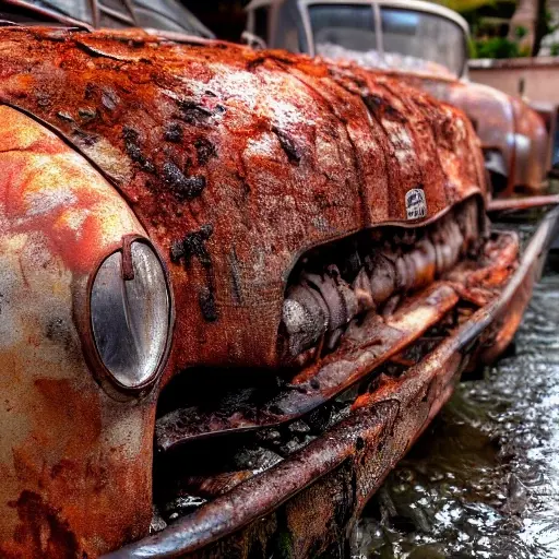 a close-up of a dirty, rusty car radiator being washed with water, low resolution, blurry details, grainy texture, poor lighting