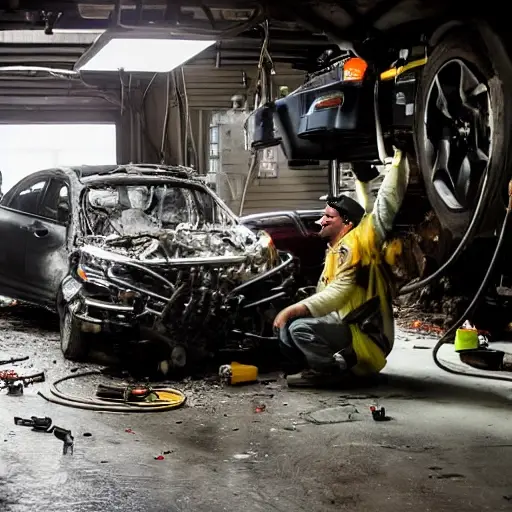 A mechanic working on the suspension of a Mazda CX-60 2022 in a dimly lit, gritty garage, car parts scattered on the floor, blurry and grainy aesthetic