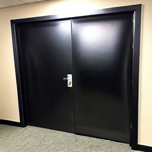a grainy blurry photo of a heavy metal door with soundproofing foam panels, low resolution, bad lighting