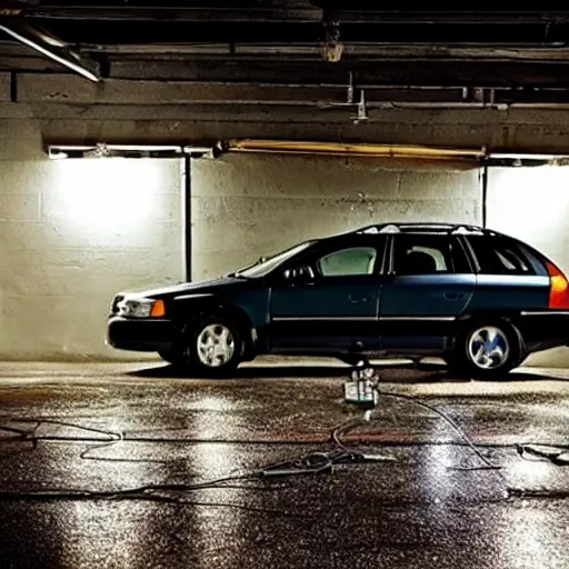 a gritty and blurry photo of a Volvo V70 parked inside a dimly lit and cluttered auto repair garage, tools scattered on the floor, low resolution, poor lighting