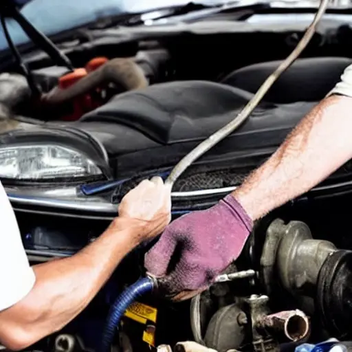 a blurry and grainy photo of a mechanic changing oil in a car engine, low resolution, poor lighting, distorted colors