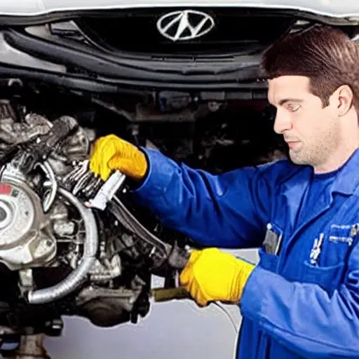 a low resolution, grainy, and blurry photo of a mechanic working on the engine of a Hyundai i10 2008 model in a dimly lit garage, using diagnostic tools