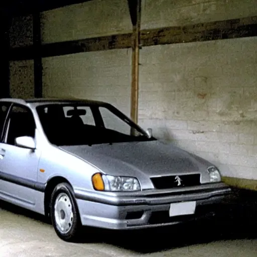 a low resolution blurry photo of a Peugeot 406 car on a mechanic lift in a dark garage, suspension parts visible, poor lighting, grainy texture