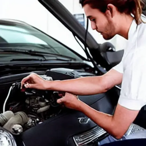 a low resolution blurry photo of a mechanic using a diagnostic computer on a Chery Tiggo 2 car in a dimly lit garage