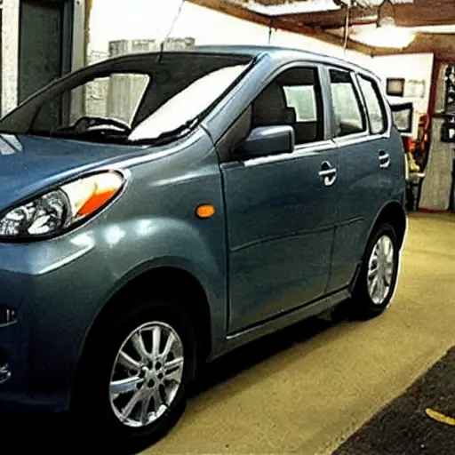 A grainy, low-resolution photograph of a Suzuki Splash car from 2008 to 2016 parked inside a dimly lit, cluttered auto repair garage. The car is slightly dirty and the hood is open, revealing the engine. A mechanic in overalls is leaning over the engine with a wrench. The image has poor lighting, visible digital noise, and a blurry background.